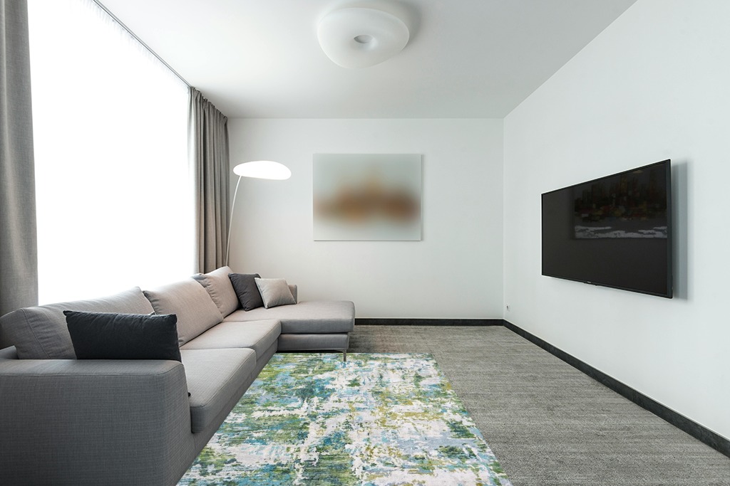 Area Rug Living Room Rugs - 5x7 Washable Large Modern Abstract Soft No Slip Indoor Rug Thin Floor Carpet for Bedroom Under Dining Table Home Office Decor - Green Turquoise in Modern Living Room with Grey Couch