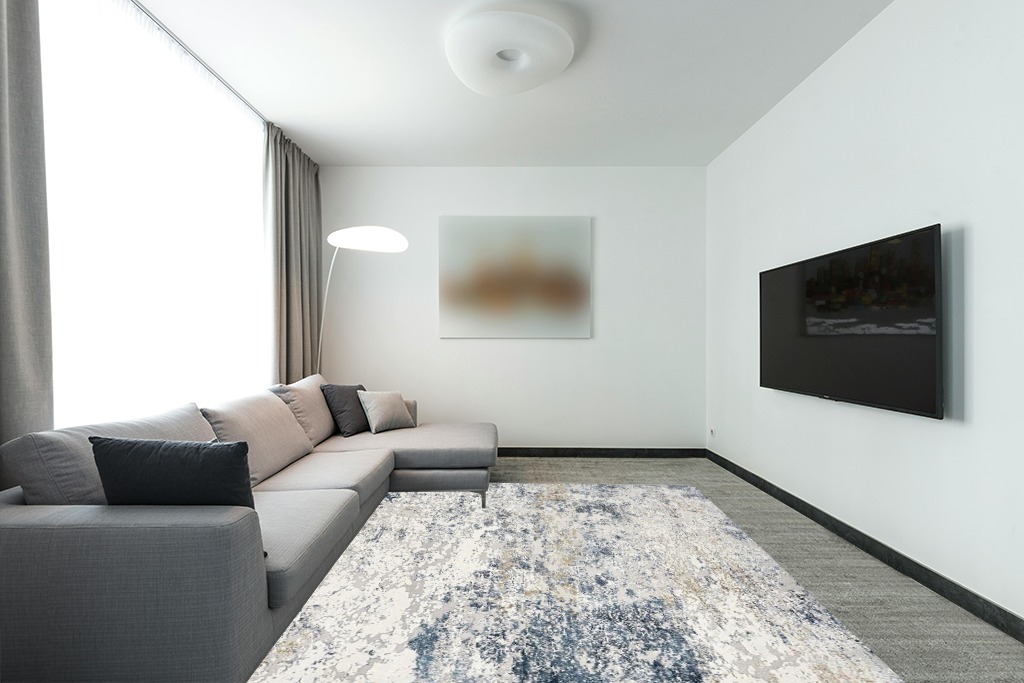 Area Rug Living Room Rugs - 8x10 Abstract Large Soft Indoor Washable Rug Neutral Modern Low Pile Carpet for Bedroom Dining Room Farmhouse Home Office - Beige Blue in Modern Living Room with Grey Couch