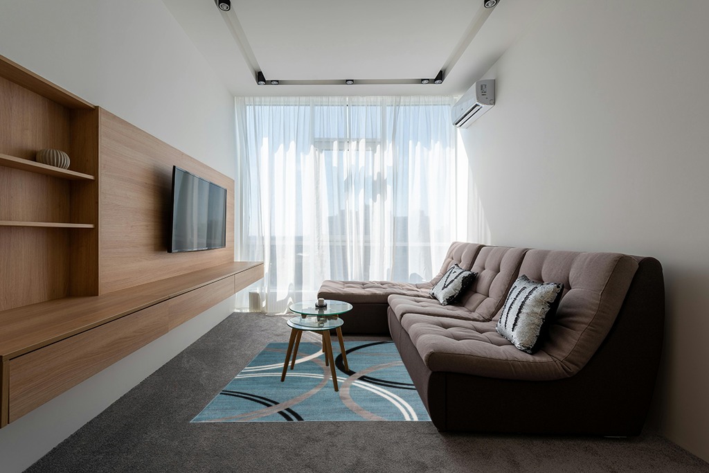 Rugshop Modern Wavy Circles Design Area Rug 5' 3" x 7' 3" Blue in Grey Living Room with Brown Couch