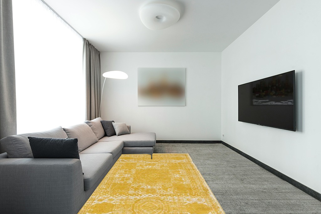 Rugs.com Dover Collection Rug – 5' x 8' Yellow Low-Pile Rug Perfect for Bedrooms, Dining Rooms, Living Rooms in Modern Living Room with Grey Couch