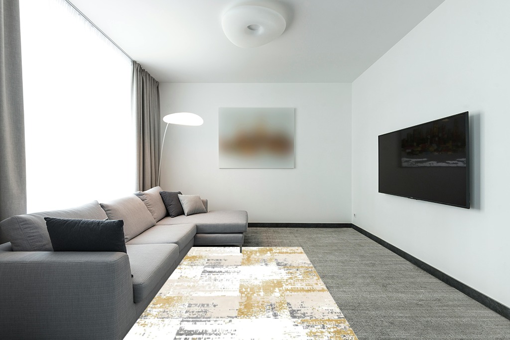 OIGAE Machine Washable Rug 5x7 - Low-Pile Area Rug Non-Shedding Foldable Abstract Modern Rugs, Stain Resistant Anti Slip Backing Rugs for Living Room&Bedroom&Dining Carpet Room Decor, Yellow in Modern Living Room with Grey Couch