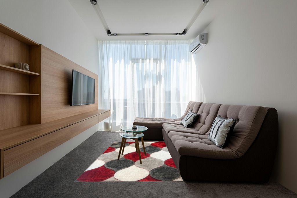 United Rugs - 4D Shaggy 6488 Thick Soft Plush Modern Shag Stain-Resistant Area Rug (Red, 5' x 7') in Grey Living Room with Brown Couch