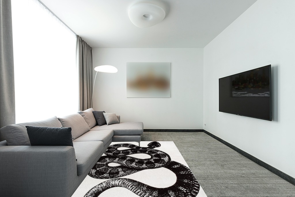 nuLOOM Thomas Paul Serpent Area Rug, 5x8, Black and White in Modern Living Room with Grey Couch