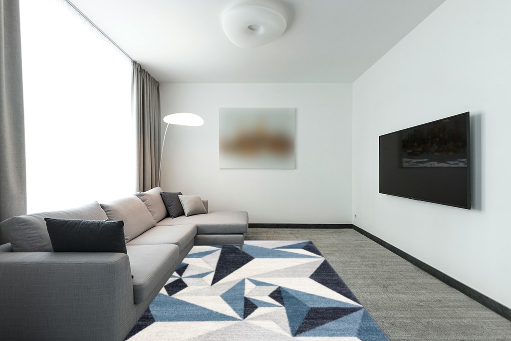 Abani Rugs Gray and Blue 6 ft. X 9 ft. Contemporary Area Rug with Geometric Triangles. Rectangular Area Rug. Turkish Stain Resistant Area Rug. in Modern Living Room with Grey Couch