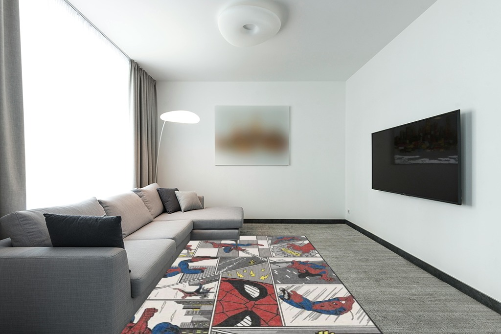 6'x9' | Washable Spiderman Area Rugs | Marvel Rug Collection | Stain-Resistant ... in Modern Living Room with Grey Couch