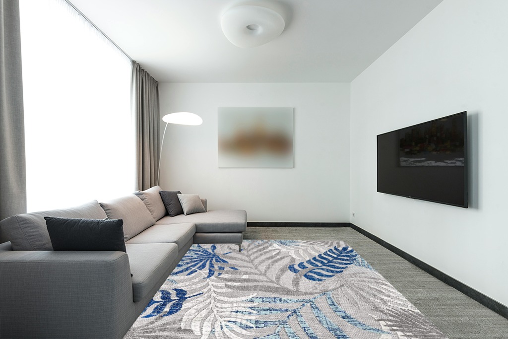 Gray/Blue Bohemian Indoor/outdoor Kitchen, Bedroom, Living Room, Patio, Dining Room Area Rug in Modern Living Room with Grey Couch