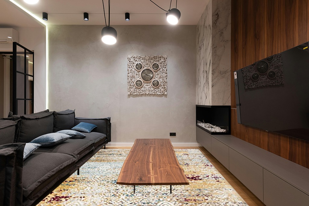 SAFAVIEH Aria Collection Area Rug - 9' x 12', Yellow & Cream, Boho Chic Distressed Design, Non-Shedding & Easy Care, Ideal for High Traffic Areas in Living Room, Bedroom (ARA183Y) in Dark Wood Living Room with Black Couch