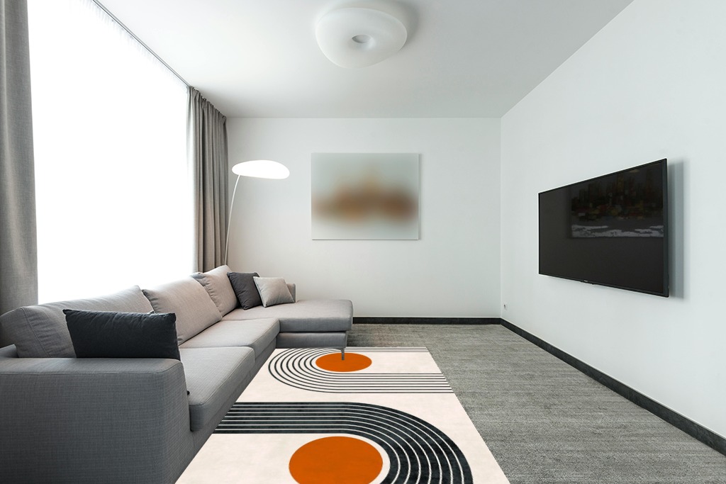 Mid-Century Modern Minimalist Circles and Lines Pattern Soft Wool Area Rug 6x9 Washable Boho Carpet for Living Room Bedroom No-Slip Thick Dining Room Rug Indoor Floorcover Mat in Modern Living Room with Grey Couch
