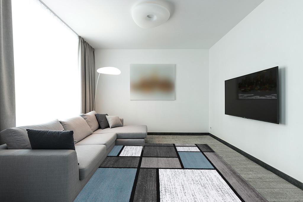 Blue Stain-resistant Kitchen, Bedroom, Living Room Area Rug in Modern Living Room with Grey Couch