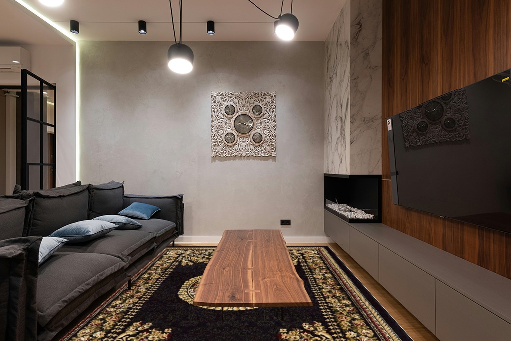 Home Dynamix Optimum Athens Area Rug 7'8" x10'4 , Updated Oriental Medallion, Black/Beige in Dark Wood Living Room with Black Couch