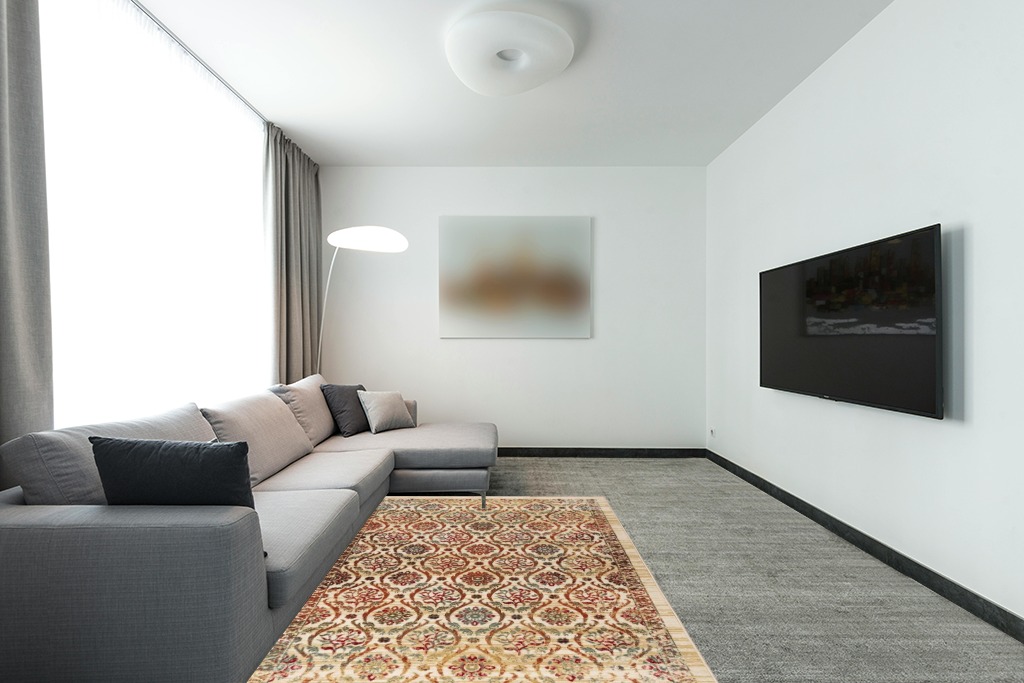 Antep Rugs Alfombras Non-Skid (Non-Slip) 5x7 Rubber Backing Floral Geometric Low Profile Pile Indoor Area Rugs (Beige Multi, 5' x 7') in Modern Living Room with Grey Couch