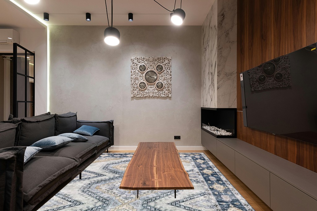 Area Rug Living Room Rugs - 9x12 Large Machine Washable Boho Thin Carpets Vintage Tribal Anti Slip Backing Carpet for Under Dining Table Bedroom Farmhouse Home Office Blue in Dark Wood Living Room with Black Couch