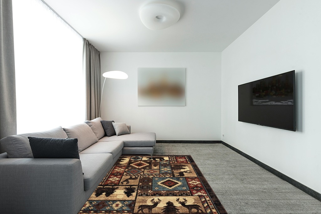 Brown Rustic Fade Resistant, Stain Resistant Kitchen, Bedroom Area Rug in Modern Living Room with Grey Couch