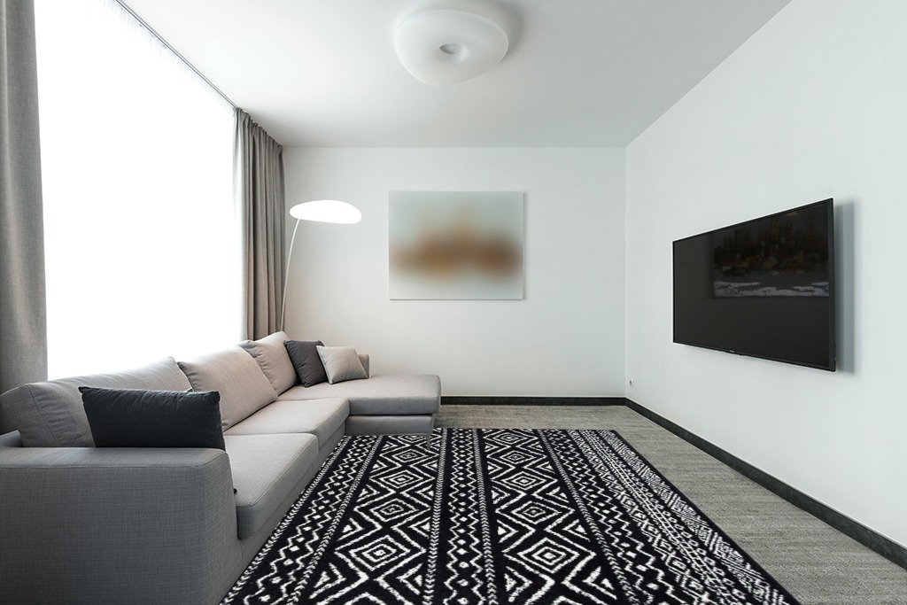 SAFAVIEH Tulum Collection Area Rug - 8' x 10', Black & Ivory, Moroccan Boho Distressed Design, Non-Shedding & Easy Care, Ideal for High Traffic Areas in Living Room, Bedroom (TUL267Z) in Modern Living Room with Grey Couch