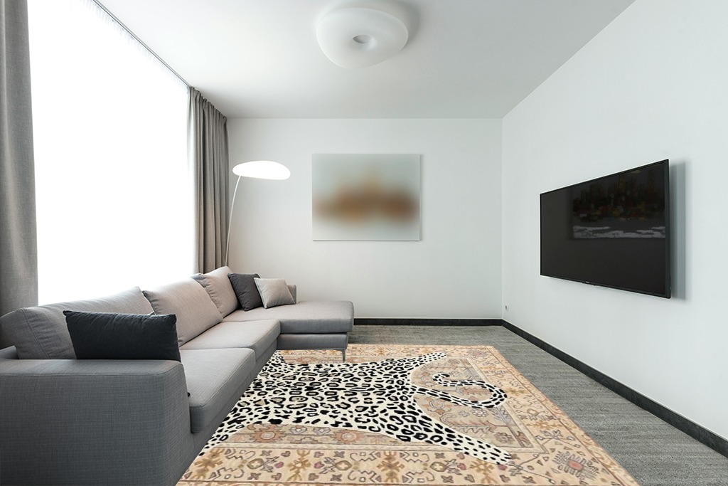 Restoration and Renovation Modern Leopard Wool Rug with Persian Background | Handmade, Animal Print Cheetah Area Carpet for Living Room, Bedroom and Kitchen Decor (5' x 8', Neutral) in Modern Living Room with Grey Couch