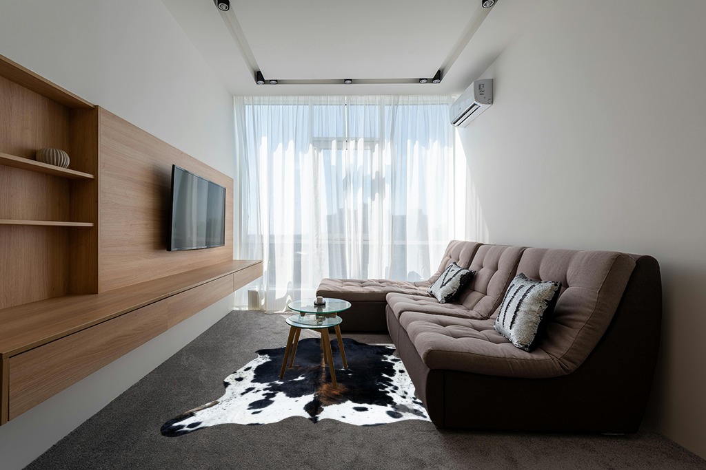 bonanza leathers Genuine Cowhide Rug Dark Tricolor Size S/L/XL 5X6/6X7/7X8 FT (XL) in Grey Living Room with Brown Couch