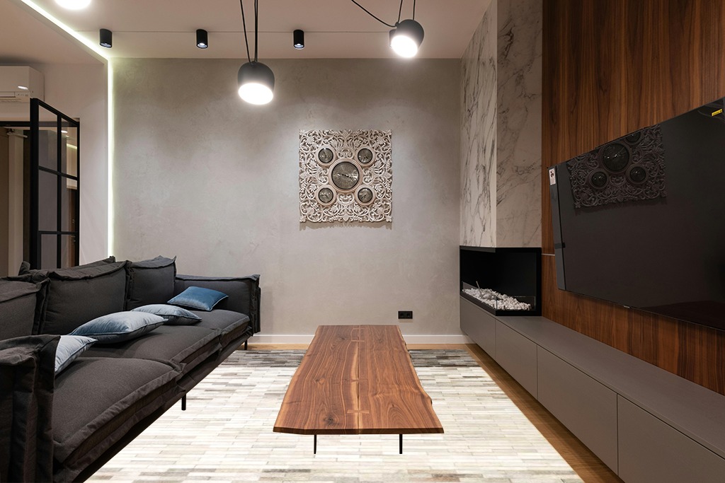 Natural Area Rugs - Rectangle Leather Rug, Mesa Cowhide Collection, Earth Friendly Natural Fiber Rug, Hand Loomed Area Rugs, Multi Color, 9' x 12' in Dark Wood Living Room with Black Couch