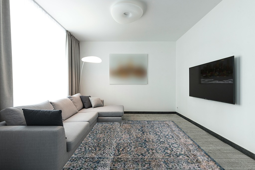 SAFAVIEH Valencia Collection Area Rug - 8' x 10', Blue, Vintage Oriental Design, Non-Shedding & Easy Care, Ideal for High Traffic Areas in Living Room, Bedroom (VAL570M) in Modern Living Room with Grey Couch