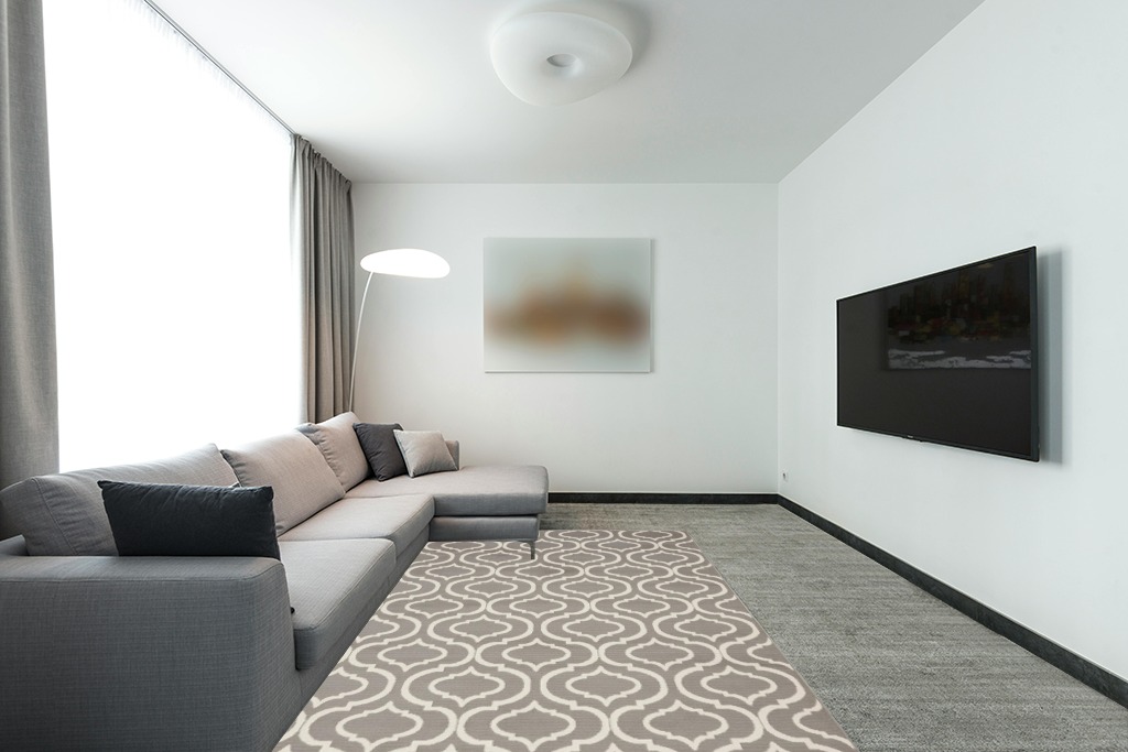 Nourison Jubilant Moroccan Trellis Grey Area Rug, (6' x 9') in Modern Living Room with Grey Couch