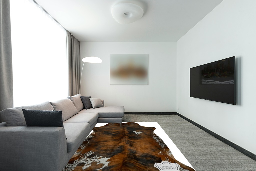 Appaloosa Cowhides Natural Cowhide Rug - Tricolor Cowhide Area Rug for Bedroom & Living Room - Luxury Cowhides Modern Accent Rug - Genuine Leather with Real Animal Fur, Medium, 6 x 8 Feet in Modern Living Room with Grey Couch