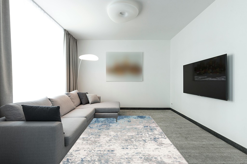 SAFAVIEH Brentwood Collection Area Rug - 6' x 9', Light Grey & Blue, Modern Abstract Design, Non-Shedding & Easy Care, Ideal for High Traffic Areas in Living Room, Bedroom (BNT822F) in Modern Living Room with Grey Couch