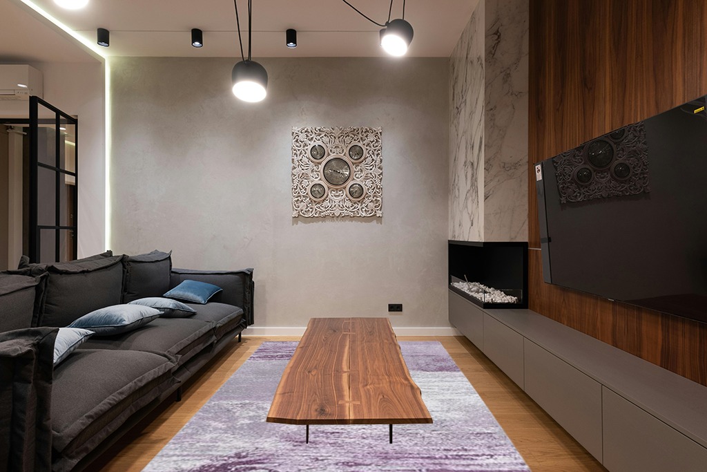 SAFAVIEH Adirondack Collection Area Rug - 6' x 9', Grey & Purple, Modern Abstract Design, Non-Shedding & Easy Care, Ideal for High Traffic Areas in Living Room, Bedroom (ADR112V) in Dark Wood Living Room with Black Couch