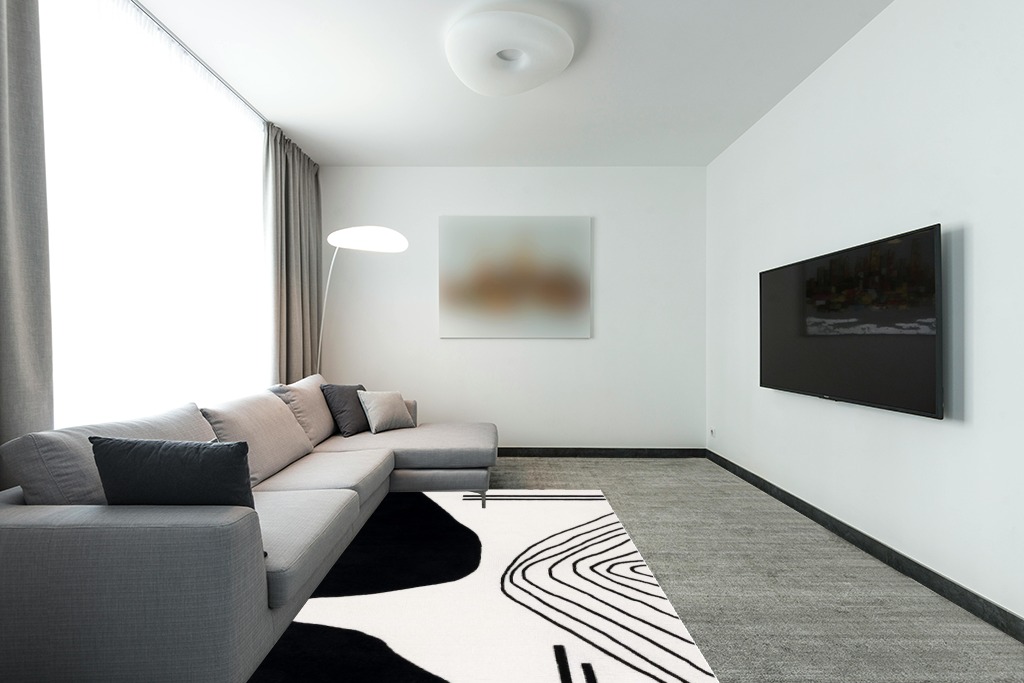 Safavieh Rodeo Drive Collection Area Rug - 5' x 8', Ivory & Black, Handmade Mid-Century Modern Abstract Wool, Ideal for High Traffic Areas in Living Room, Bedroom (RD860B) in Modern Living Room with Grey Couch