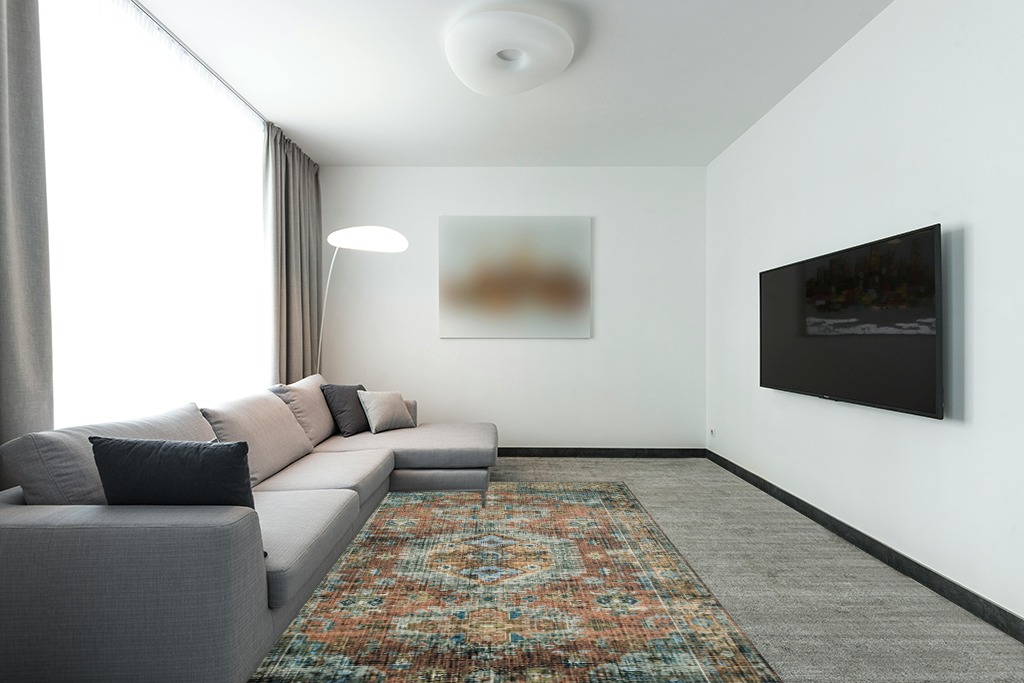 Loloi II Skye SKY-07 Terracotta / Sky Area Rug 6' x 9' in Modern Living Room with Grey Couch