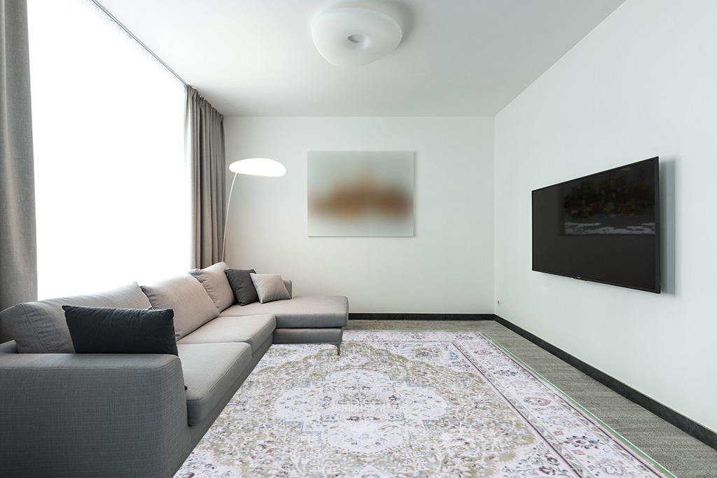 SAFAVIEH Tucson Collection Area Rug - 9' x 12', Green & Beige, Persian Design, Non-Shedding Machine Washable & Slip Resistant Ideal for High Traffic Areas in Living Room, Bedroom (TSN136Y) in Modern Living Room with Grey Couch