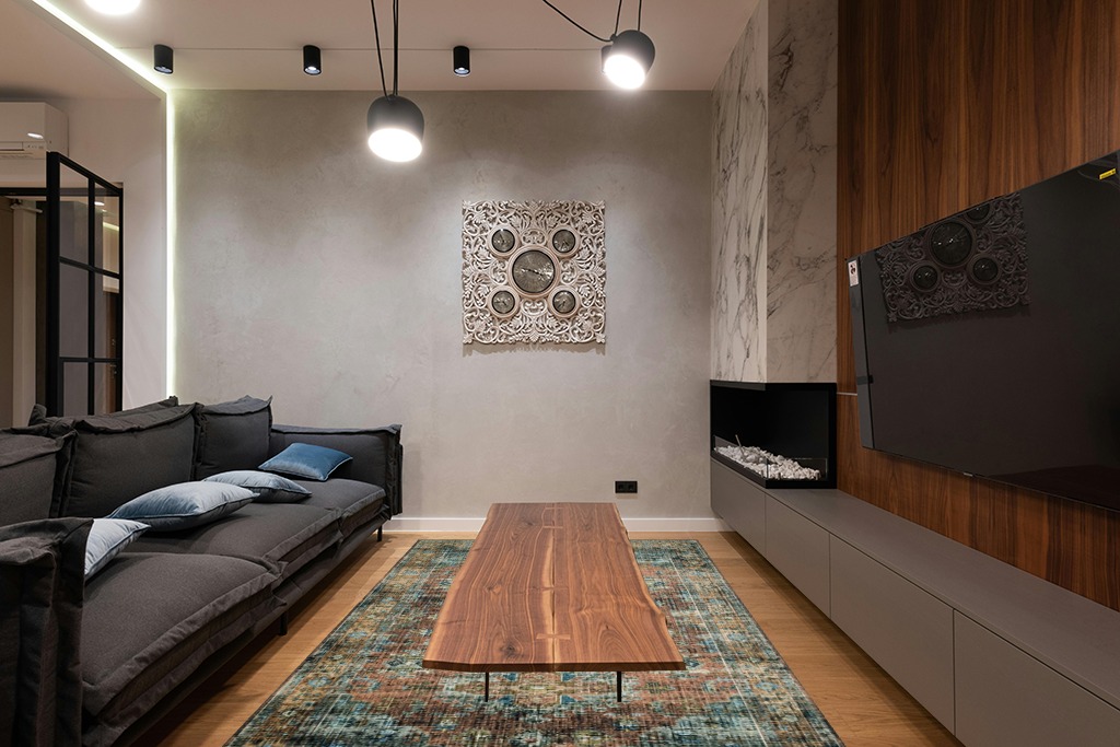 Loloi II Skye SKY-07 Terracotta / Sky Area Rug 6' x 9' in Dark Wood Living Room with Black Couch