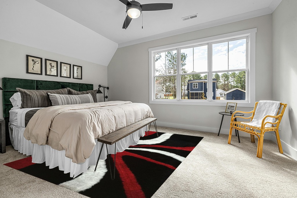 RINOLO "Aria Collection Soft Pile Hand Tufted Shag Area Rug (Black, Red, White, 8' x 11') in Grey Traditional Bedroom with King Bed