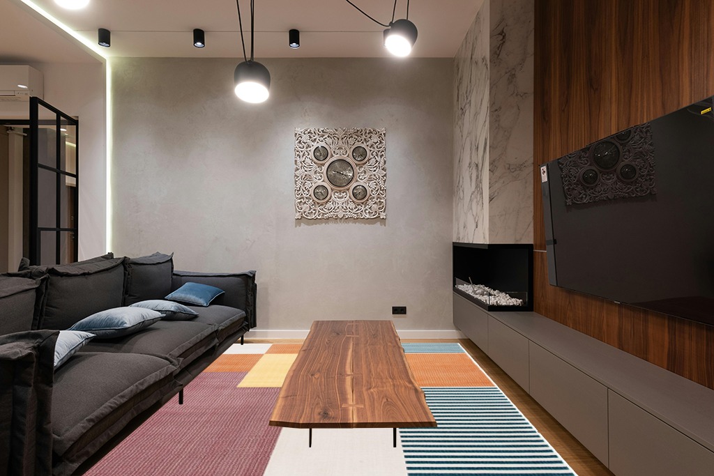 SAFAVIEH Orwell Collection Area Rug - 8' x 10', Rust & Yellow, Mid-Century Modern Abstract Design, Non-Shedding & Easy Care, Ideal for High Traffic Areas in Living Room, Bedroom (ORW368P) in Dark Wood Living Room with Black Couch