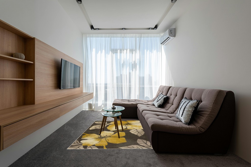 CAMILSON Solana Modern Floral 5x7 Area Rugs Non-Skid (Non-Slip) Rubber Backing Yellow - Brown Flowers Indoor Rug (5 x 7, Yellow Brown) in Grey Living Room with Brown Couch