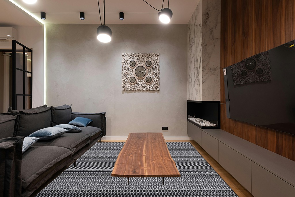 RUGSREAL Machine Washable Rug Boho Non-Slip Area Rug Stain Resistant Low Pile Rug Non-Shed Large Farmhouse Carpet for Living Room Bedroom, 8' x 10' in Dark Wood Living Room with Black Couch