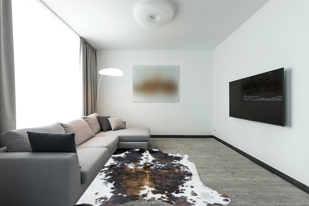 bonanza leathers Genuine Cowhide Rug Western Home Decor Rug Cowhide Large Cow Skin Rug for Wall Decor/Living Room/Bedroom Rug in Modern Living Room with Grey Couch