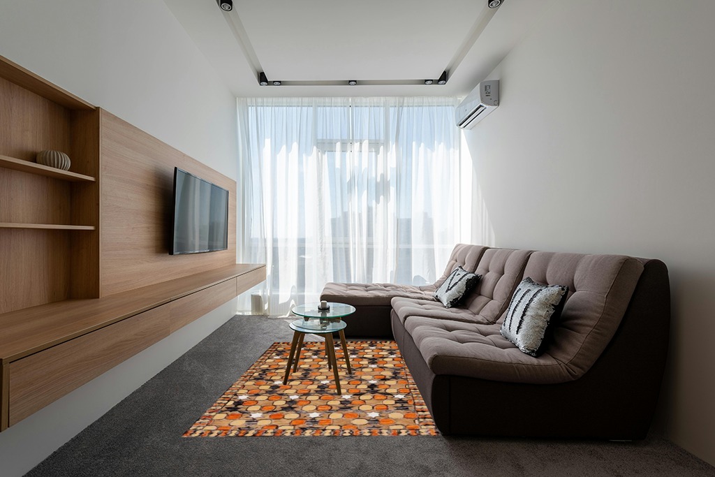 SAFAVIEH Aspen Collection Area Rug - 5' x 8', Light Yellow & Orange, Handmade Boho Wool, Ideal for High Traffic Areas in Living Room, Bedroom (APN128D) in Grey Living Room with Brown Couch