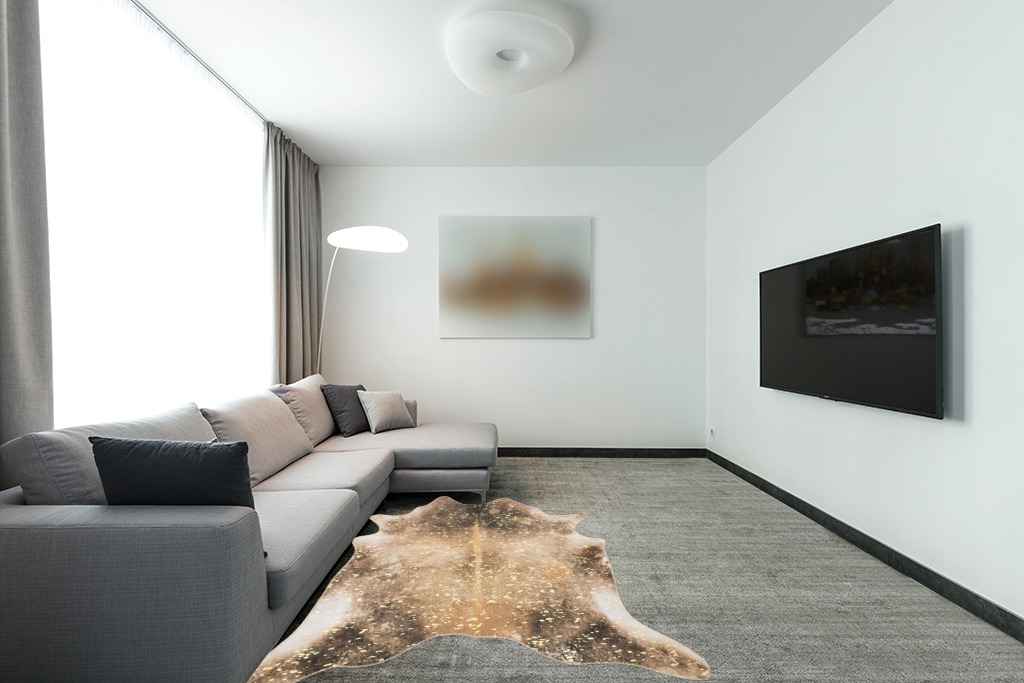 Loloi II Odessa Collection ODE-01 Mocha/Sand 5' x 6'-6" Area Rug in Modern Living Room with Grey Couch