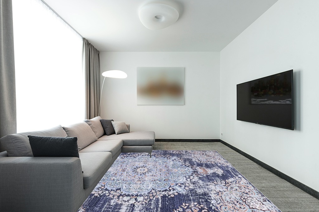 Distressed Vintage Washable Rug 8x10 in Modern Living Room with Grey Couch