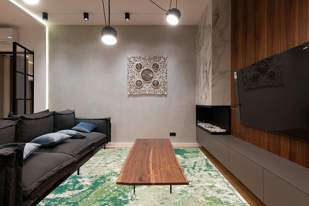 SAFAVIEH Madison Collection Area Rug - 8' x 10', Green & Ivory, Modern Abstract Design, Non-Shedding & Easy Care, Ideal for High Traffic Areas in Living Room, Bedroom (MAD499Y) in Dark Wood Living Room with Black Couch