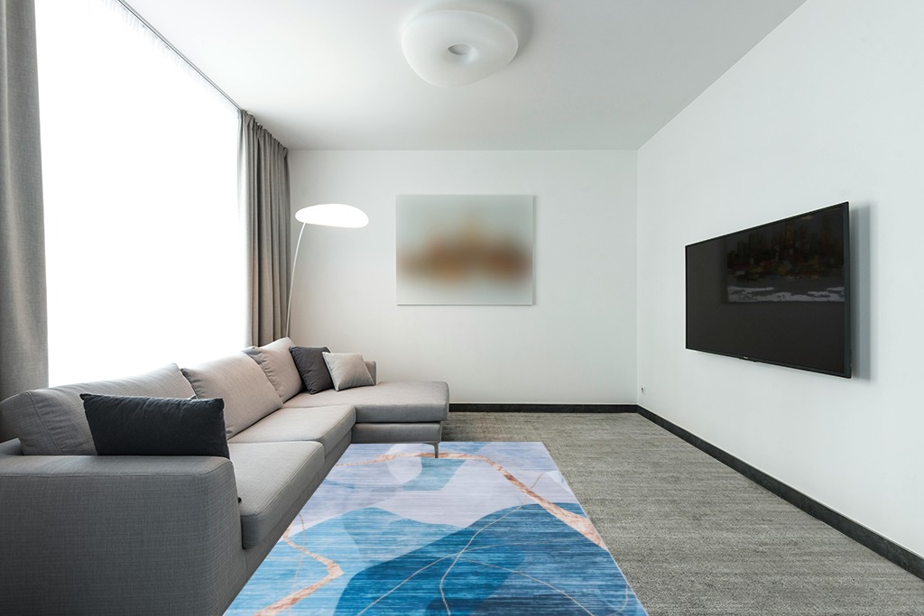 SAFAVIEH Tacoma Collection Area Rug - 5' x 8', Blue & Gold, Mid-Century Modern Design, Non-Shedding & Easy Care, Machine Washable Ideal for High Traffic Areas in Living Room, Bedroom (TAC836M) in Modern Living Room with Grey Couch