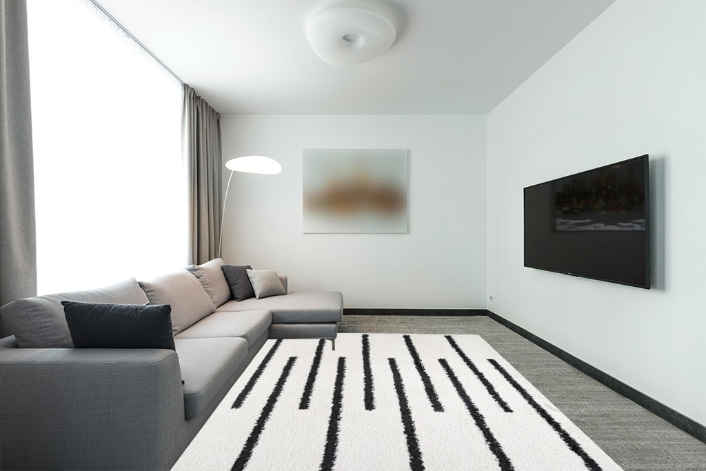 JONATHAN Y MOH402A-8 Alaro Berber Stripe Shag Indoor Area-Rug Bohemian Geometric Contemporary Glam Easy-Cleaning Bedroom Kitchen Living Room Non Shedding, 8 X 10, White/Black in Modern Living Room with Grey Couch
