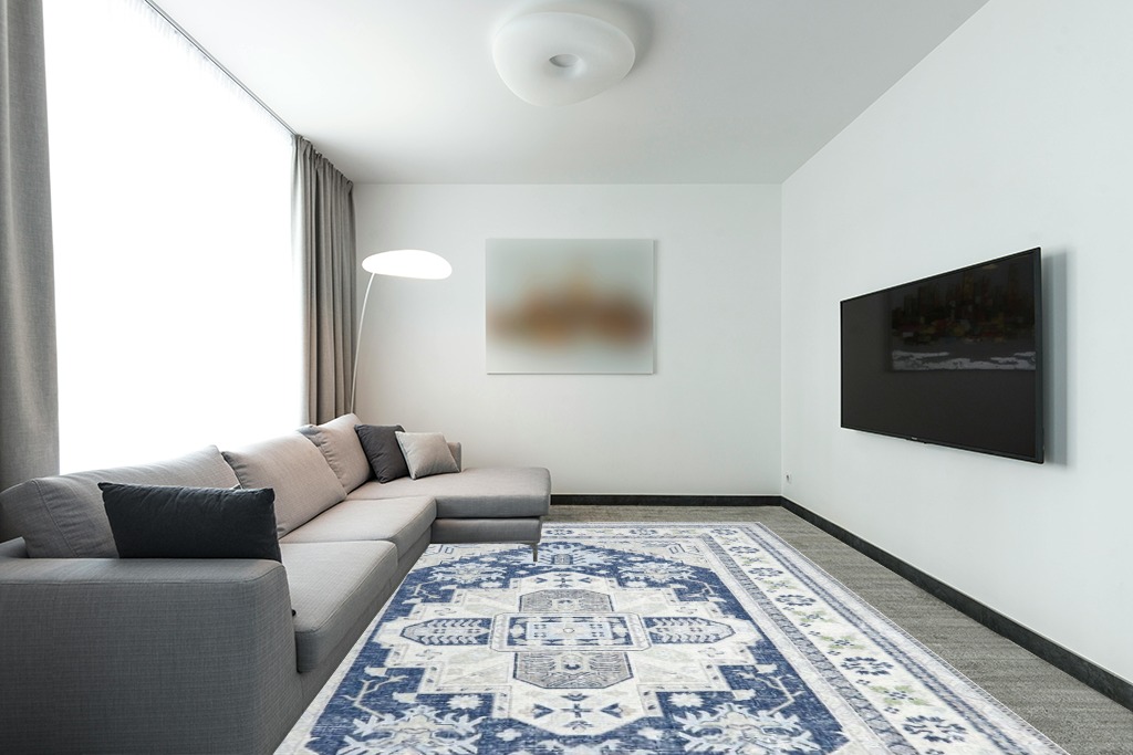 CAREMEE Area Rug 9x12 Large Area Rug Rug for Living Room Machine Washable Area Rug Non-Slip Non-Shedding Chenille Mat Foldable Accent Rug for Bedroom Dining Room, Blue, 9’x12’ in Modern Living Room with Grey Couch
