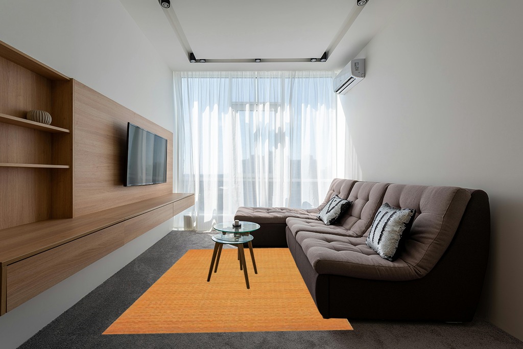 BHADOHI RUGS COLLECTION Rectangular Orange Colour, Filled Small Squares Fully Loop Tufted Area Rug, 2 CM Loop-Pile. for- Bedroom, Hallway, Kitchen, Dinningroom, Livingroom, ect. in Different Sizes. in Grey Living Room with Brown Couch