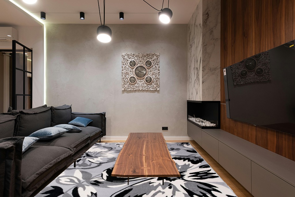 Modern Floral Area Rugs 9' X 12' Gray in Dark Wood Living Room with Black Couch