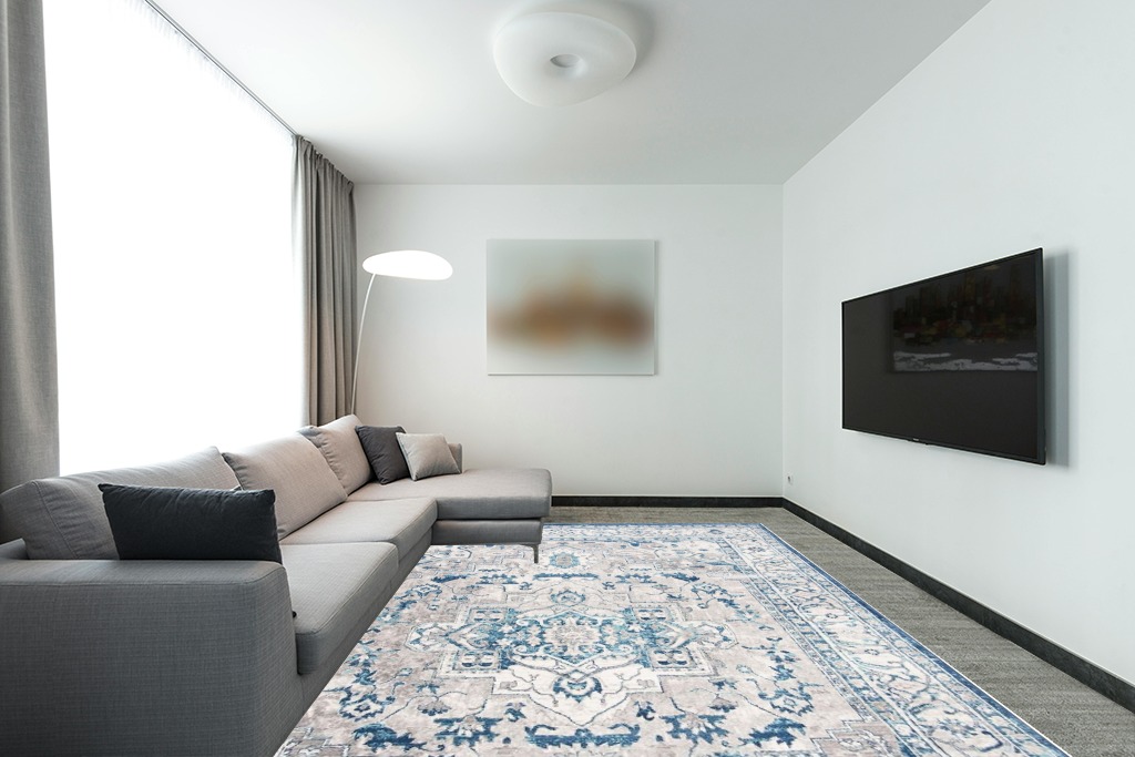 SAFAVIEH Brentwood Collection Area Rug - 9' x 12', Light Grey & Blue, Medallion Distressed Design, Non-Shedding & Easy Care, Ideal for High Traffic Areas in Living Room, Bedroom (BNT851G) in Modern Living Room with Grey Couch