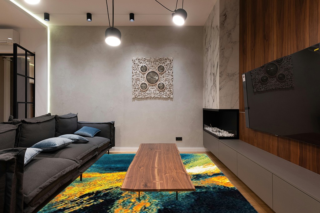 SAFAVIEH Galaxy Collection 8' x 10' Blue/Yellow GAL117L Modern Abstract Non-Shedding Living Room Dining Bedroom Area Rug in Dark Wood Living Room with Black Couch