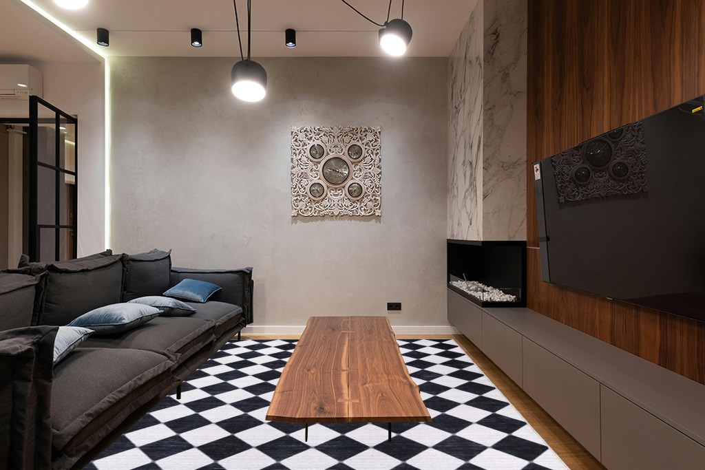Abani Rectangular Area Rugs 8' x 10' Cream Black Checkered Diamond Machine Washable, Stain Resistant and Non-Shedding Polypropylene Large Rugs Modern Design in Dark Wood Living Room with Black Couch