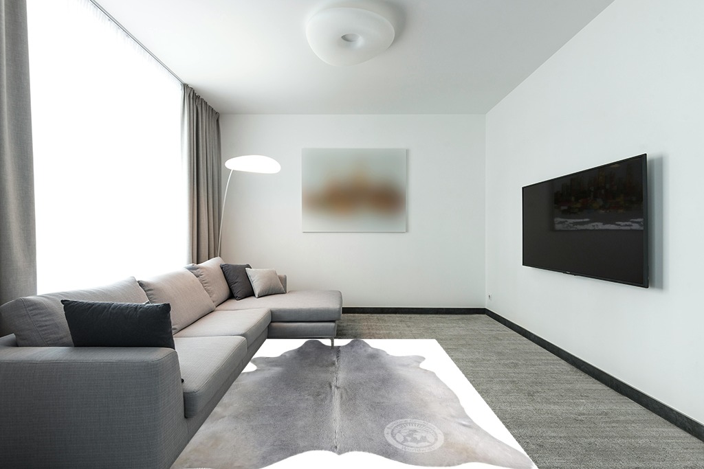 Sunshine Cowhides Genuine Grey Cowhide Rug - Luxurious Cow Rug for Bedroom, Living Room, and Home Decor Enthusiasts - Masterpiece of Style and Functionality - 6x6-7ft (180x210cm) in Modern Living Room with Grey Couch
