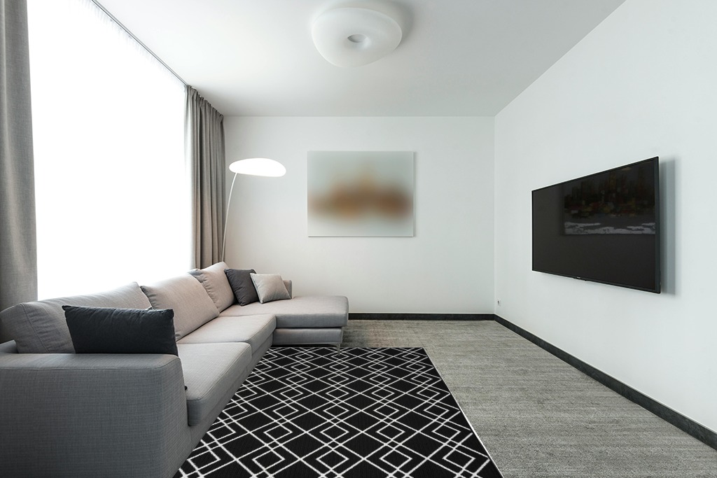 Nourison Modern Lines Modern Geometric Black 5' x 7' Area-Rug, Easy-Cleaning, Non Shedding, Bed Room, Living Room, Dining Room, Kitchen (5x7) in Modern Living Room with Grey Couch