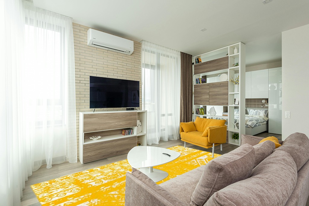 Unique Loom Lennon Collection Area Rug - Zal (7' 10" x 10' Rectangle, Yellow/ Ivory) in Light Modern Living Room with TV